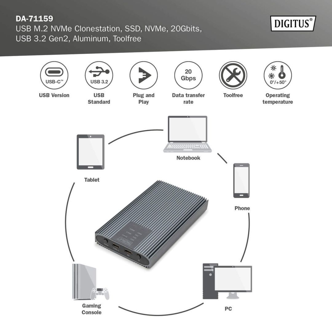 Digitus NVMe Clonestation NVMe 20Gbits USB3.2 Gen2 Aluminium