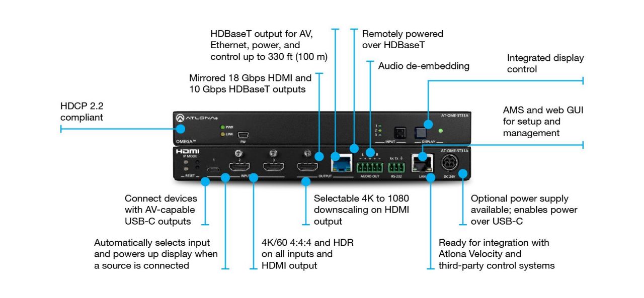 ATLONA AT-OME-ST31A Three-Input Switcher and HDBaseT Transmitter with USB-C and HDMI Inputs