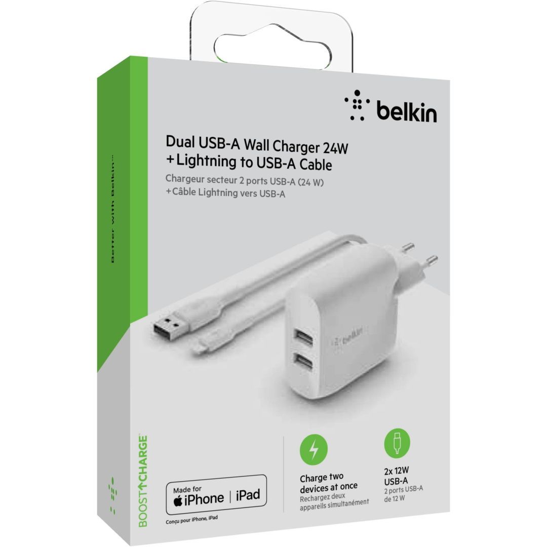 Belkin BoostCharge Dual USB-A Wall Charger 24W + Lightning to USB-A Cable White