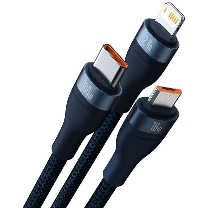 Baseus Flash series 3in1 USB Cable USB-C / micro USB / Lightning 100W 1,2m Blue