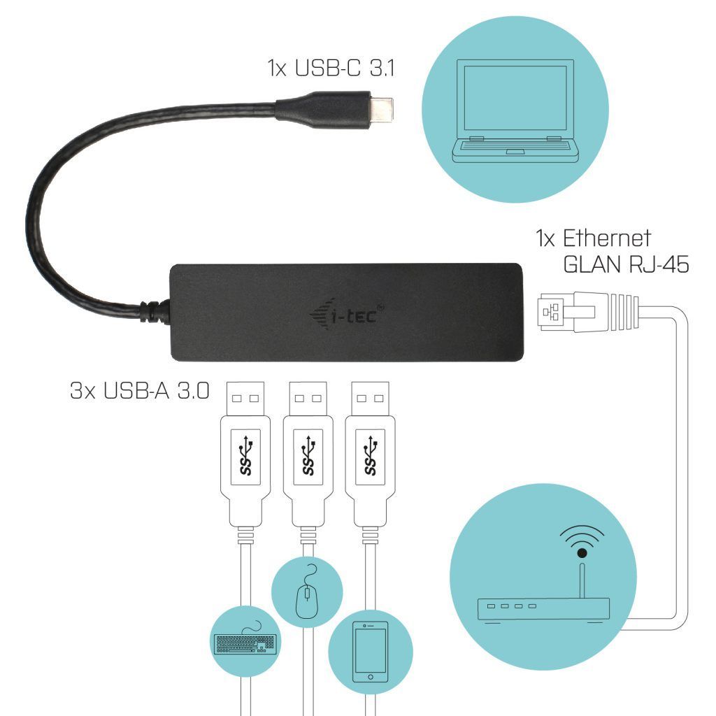 I-TEC 3-port USB-C Slim Passive HUB+Gigabit Ethernet Adapter Black