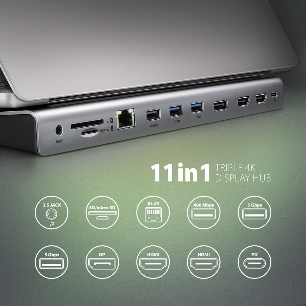 AXAGON HMC-4KX3 USB-C 5Gbps Triple 4K Display 11in1 Hub Silver