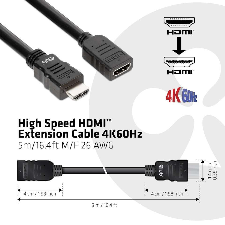 Club3D High Speed HDMI Extension Cable 4K60Hz M/F 5m Black Club3D High Speed HDMI Extension Cable 4K60Hz M/F 5m Black