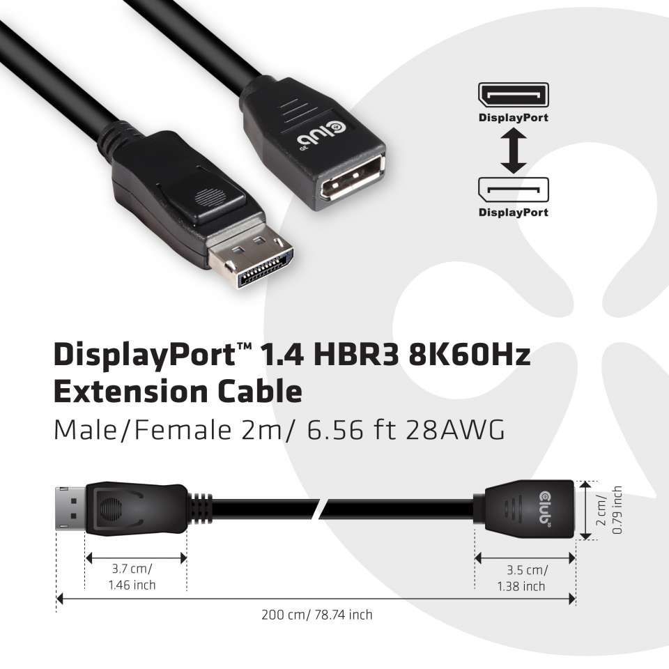 Club3D DisplayPort 1.4 HBR3 Extension Cable 8K60Hz 2m Black Club3D DisplayPort 1.4 HBR3 Extension Cable 8K60Hz 2m Black