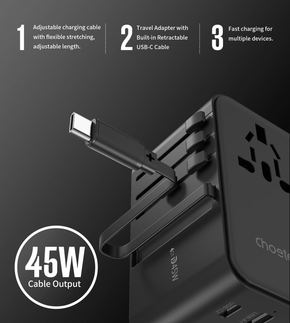 Choetech PD5021 45W EU/US/AUS/UK Travel Adapter with Built-in USB-C Cable Black