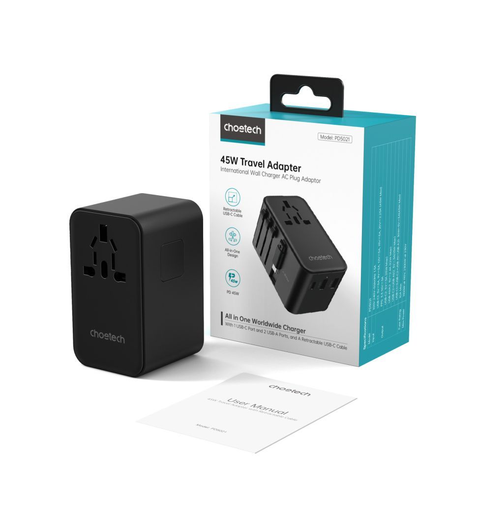 Choetech PD5021 45W EU/US/AUS/UK Travel Adapter with Built-in USB-C Cable Black