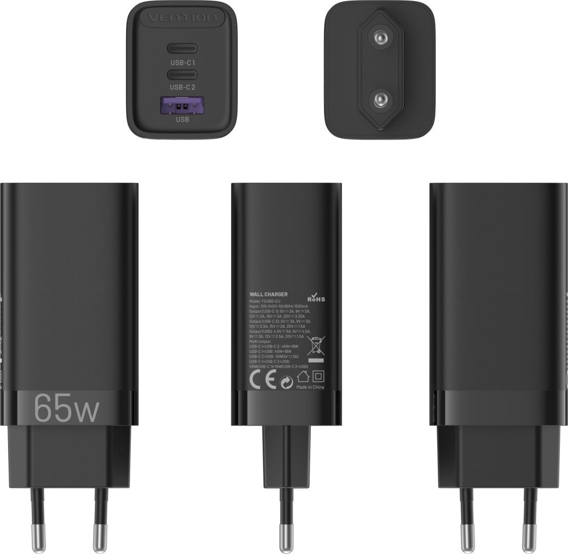 Vention 3-Port USB Charger Black