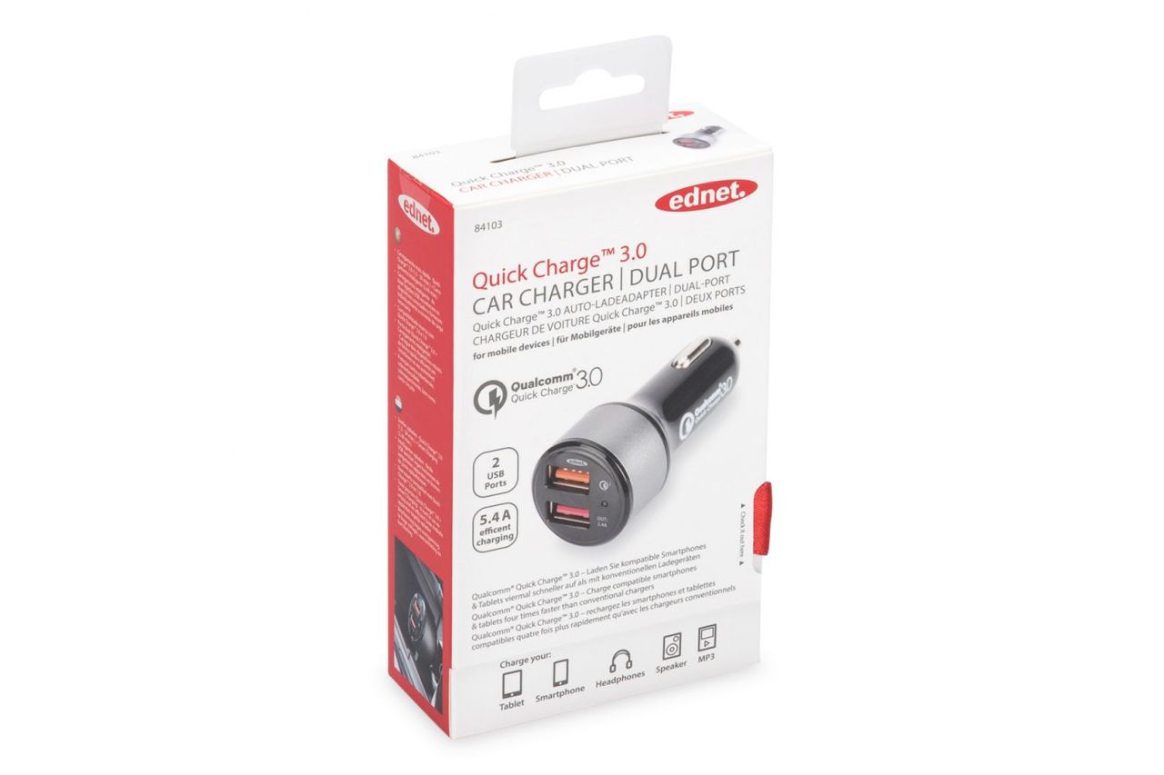 Ednet Quick Charge 3.0 Car Charger, 2 Port Black