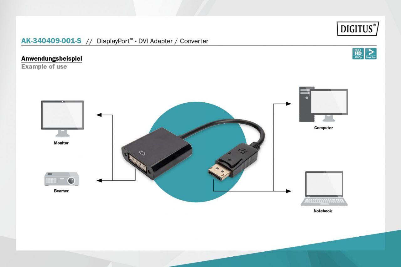 Assmann DisplayPort adapter cable, DP - DVI (24+5) Assmann DisplayPort adapter cable, DP - DVI (24+5)