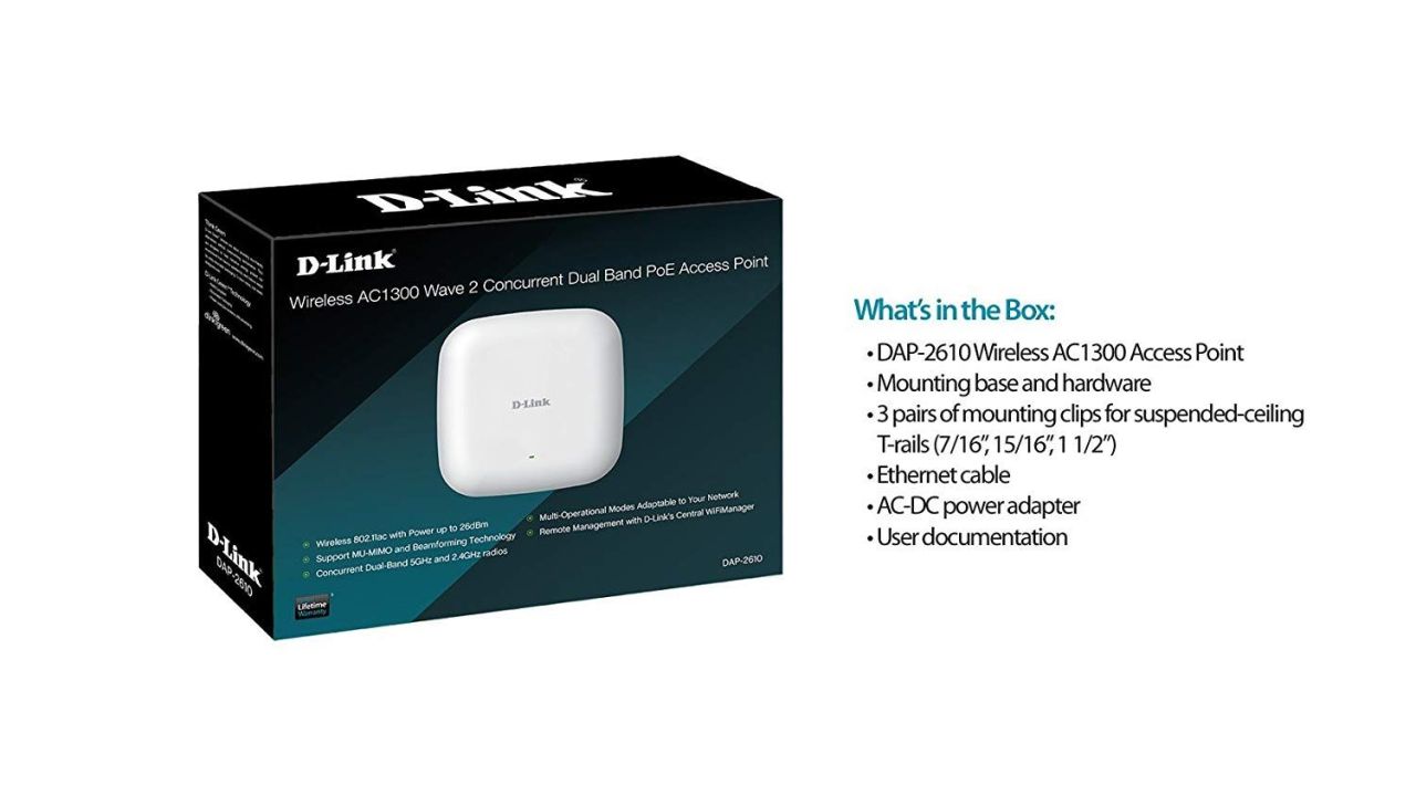 D-Link DAP-2610 Wireless AC1300 Wave 2 Dual-Band PoE Access Point White