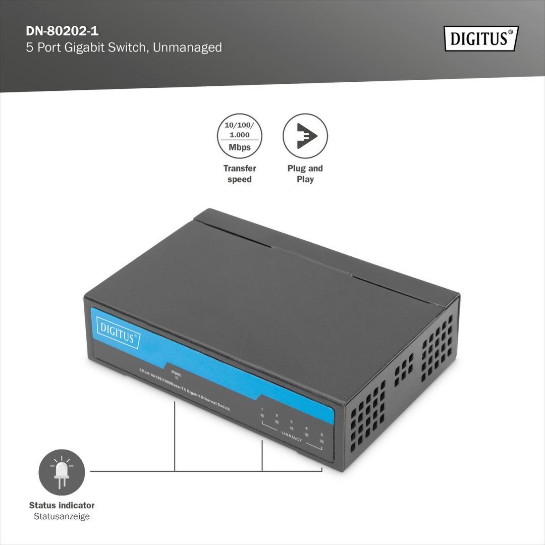 Digitus 5 port Gigabit Network Desktop Metall Housing Switch Digitus 5 port Gigabit Network Desktop Metall Housing Switch