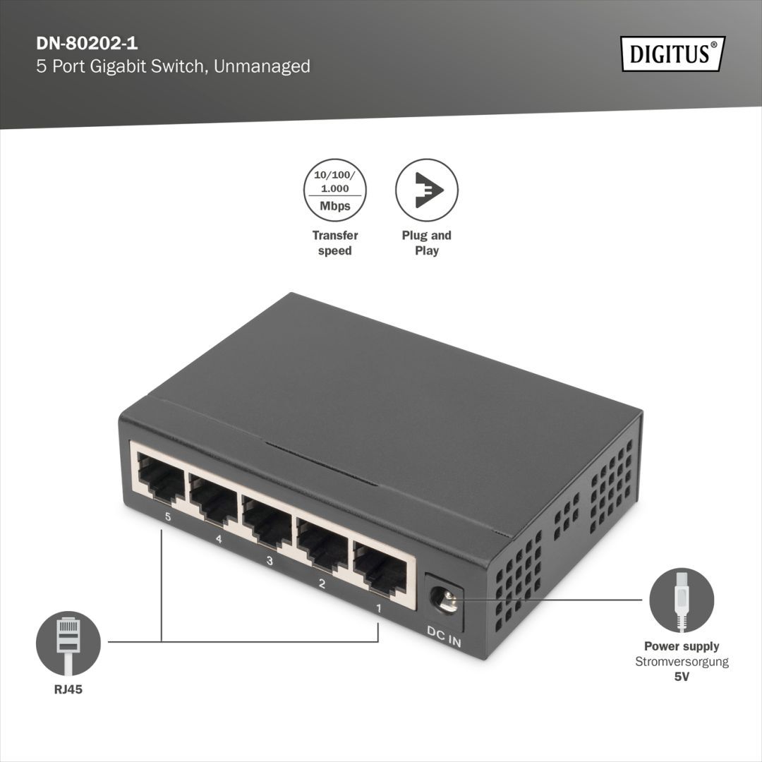 Digitus 5 port Gigabit Network Desktop Metall Housing Switch Digitus 5 port Gigabit Network Desktop Metall Housing Switch