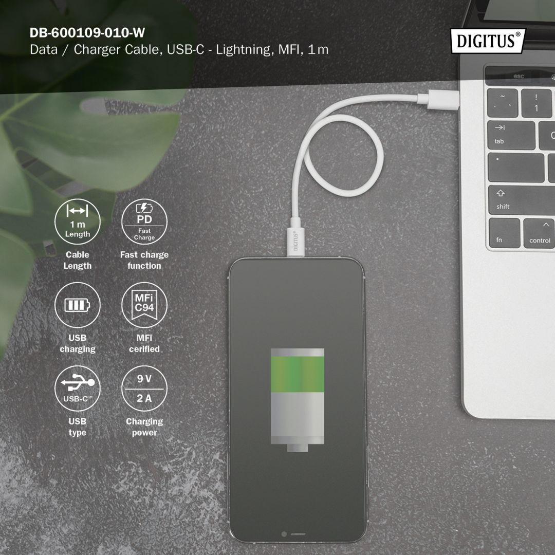 Digitus Data / Charger Cable USB-C - Lightning MFI 1m White Digitus Data / Charger Cable USB-C - Lightning MFI 1m White