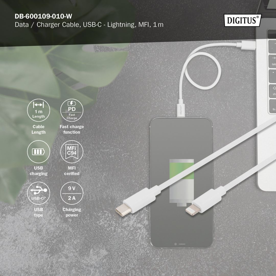 Digitus Data / Charger Cable USB-C - Lightning MFI 1m White Digitus Data / Charger Cable USB-C - Lightning MFI 1m White
