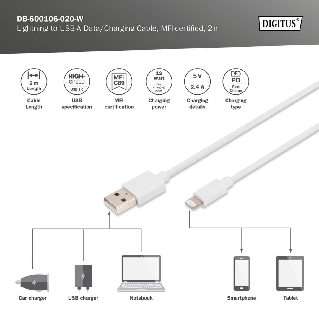 Digitus Lightning to USB-A data/charging cable MFI-certified 2m White Digitus Lightning to USB-A data/charging cable MFI-certified 2m White