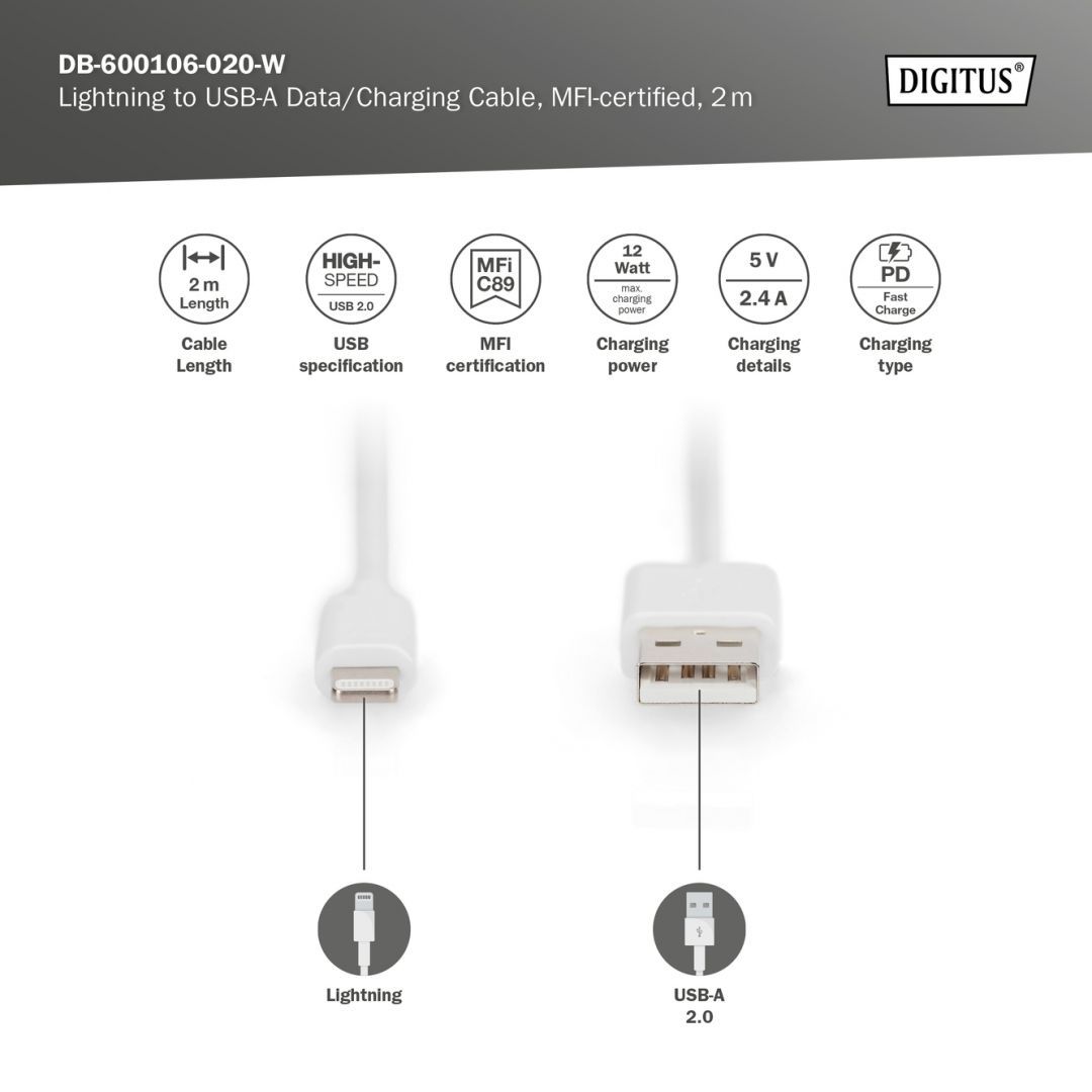 Digitus Lightning to USB-A data/charging cable MFI-certified 2m White Digitus Lightning to USB-A data/charging cable MFI-certified 2m White