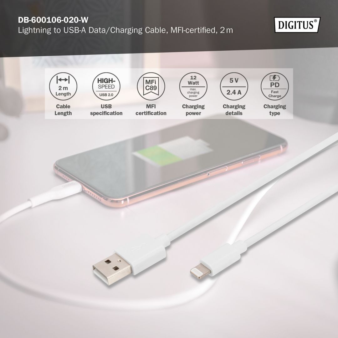 Digitus Lightning to USB-A data/charging cable MFI-certified 2m White Digitus Lightning to USB-A data/charging cable MFI-certified 2m White