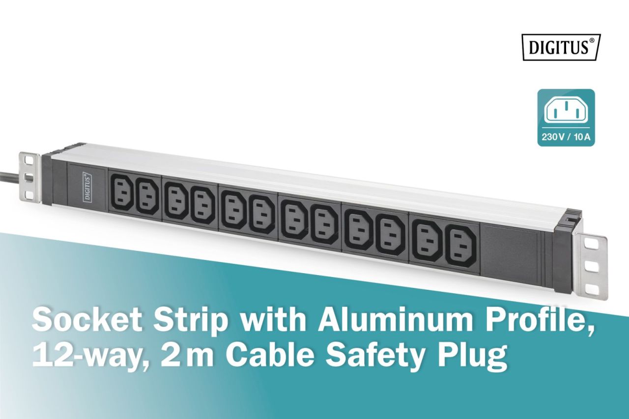 Digitus Socket strip with aluminum profile 12-way 2m cable safety plug Black