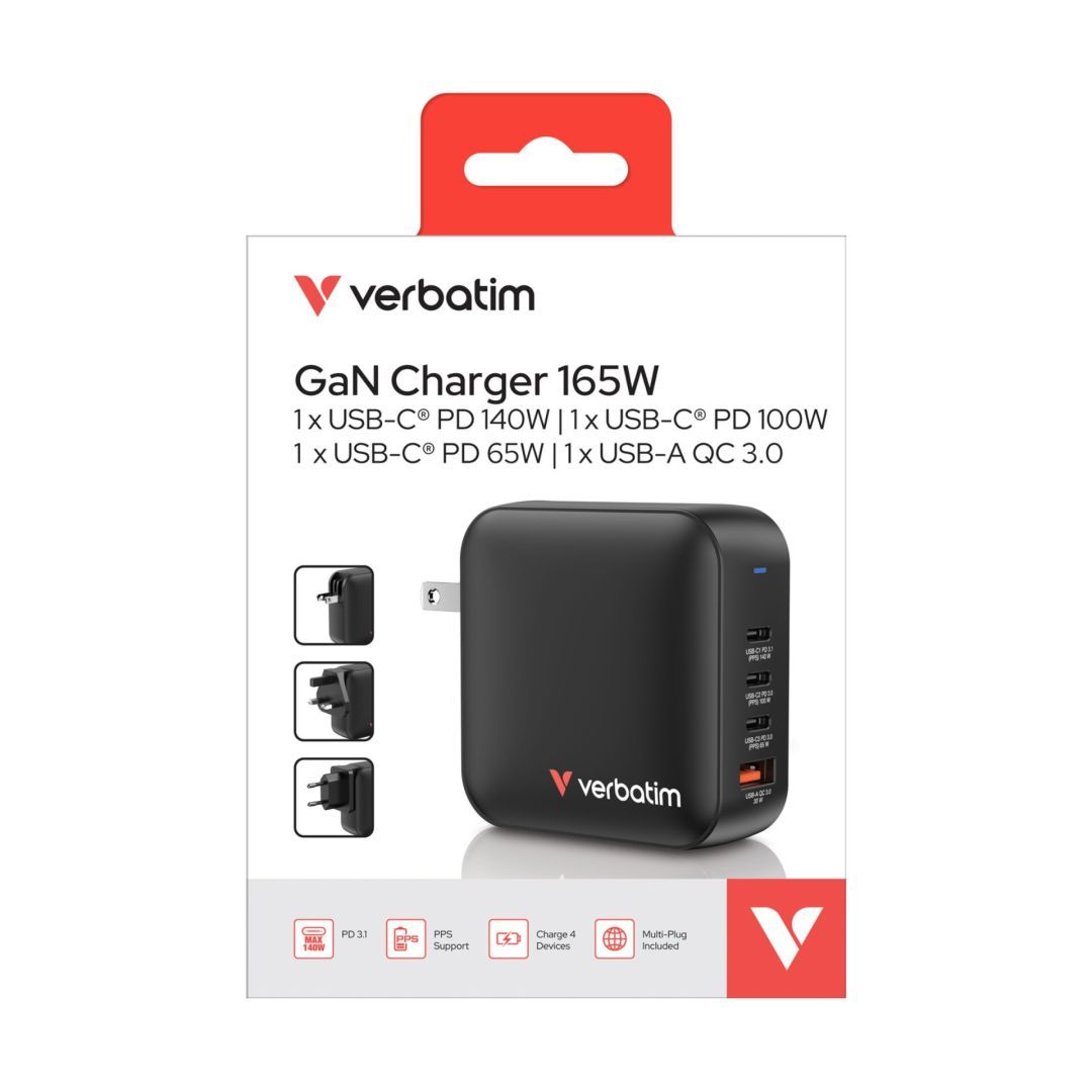 Verbatim Mini GaN Wall Charger 165W 4 Port Black Verbatim Mini GaN Wall Charger 165W 4 Port Black