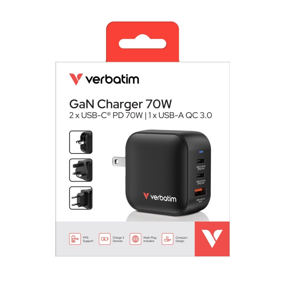 Verbatim Mini GaN Wall Charger 70W 3 Port Black Verbatim Mini GaN Wall Charger 70W 3 Port Black