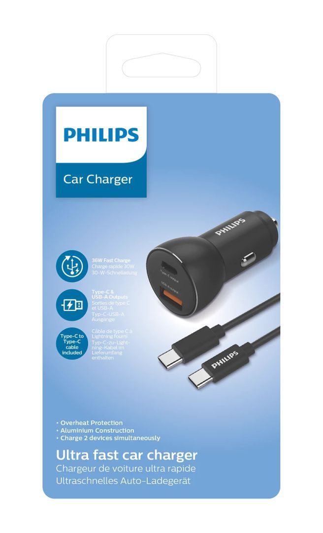 Philips Car Charger 36W with 1 USB-A + USB C Black