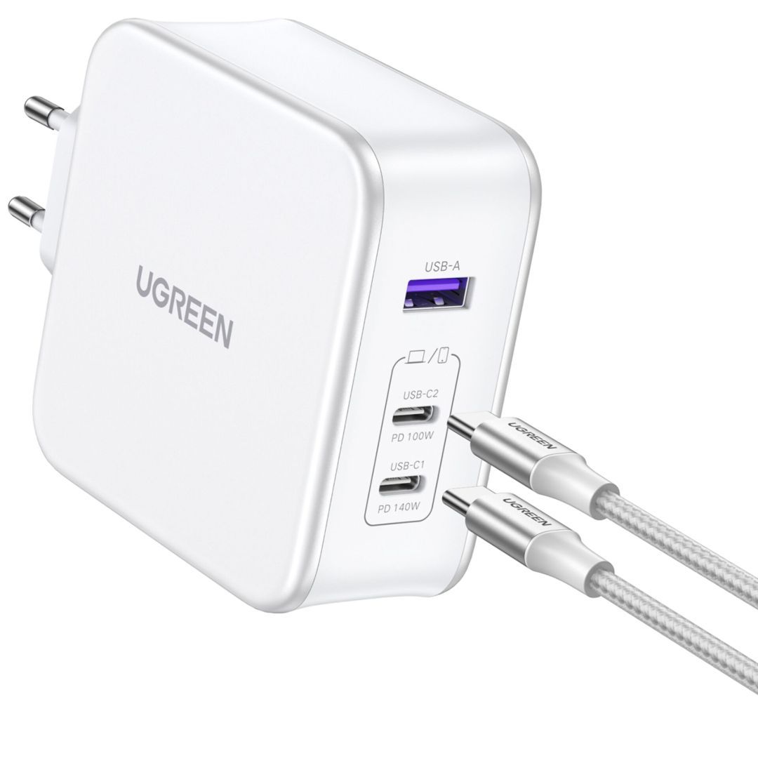 UGREEN Nexode USB-A+2*USB-C 140W GaN Fast Charger+USB-C Cable White