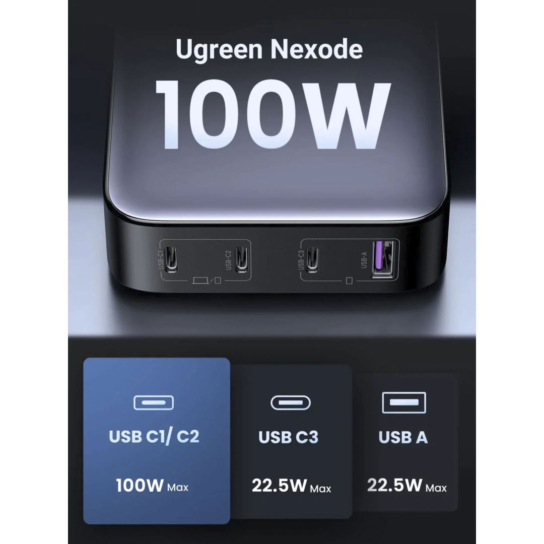 UGREEN Nexode 1*USB-A + 3*USB-C 100W Desktop Fast Charger Grey