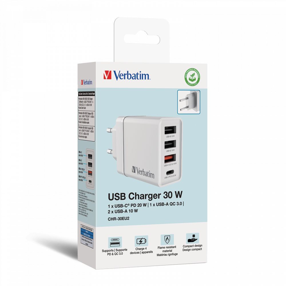 Verbatim 30W 4-Port USB Wall Charger White Verbatim 30W 4-Port USB Wall Charger White