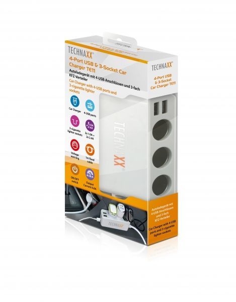 Technaxx TE11 4-Port USB & 3-Socket Car Charger