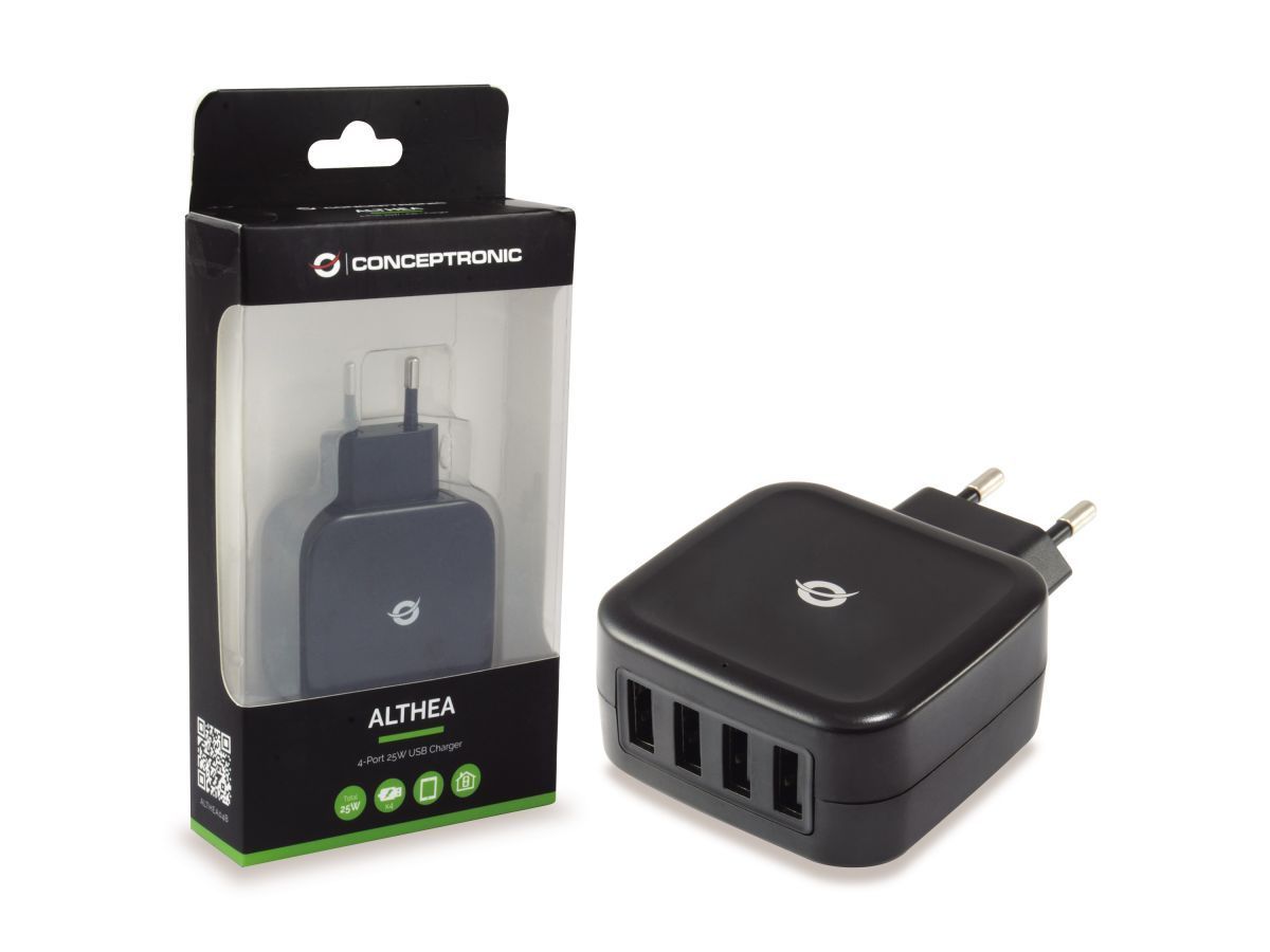 Conceptronic ALTHEA04B 4-Port 25W USB Charger Adapter Black