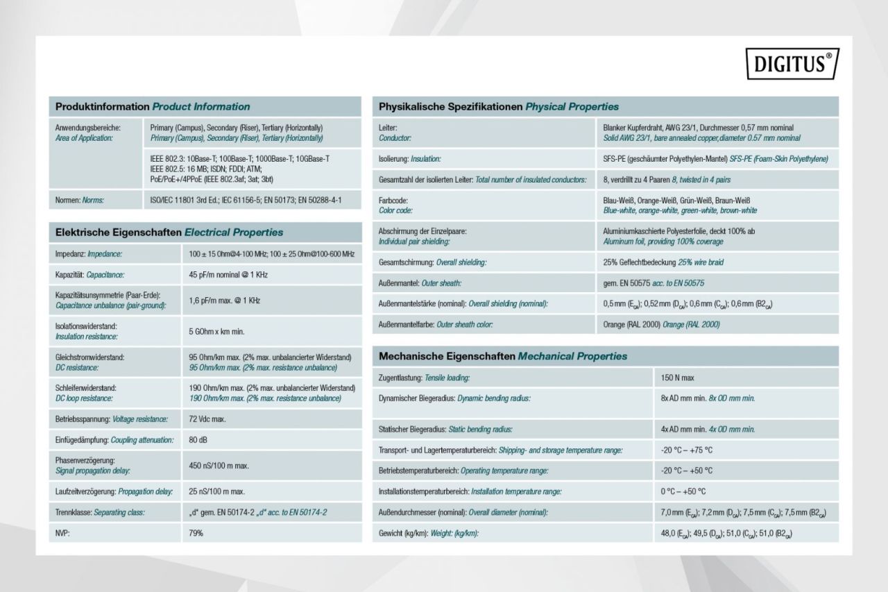 Digitus CAT7 S-FTP Installation cable 1000m Orange Digitus CAT7 S-FTP Installation cable 1000m Orange