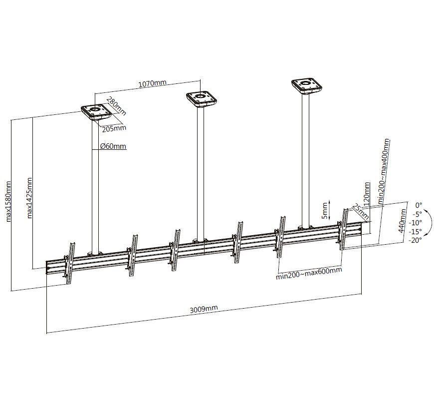 EQuip 45"-50" Triple Screen Ceiling Mount Black