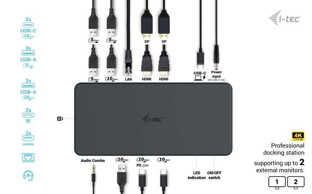 I-TEC USB 3.0/USB-C/Thunderbolt 3 Professional Dual 4K Display Docking Station+Power Delivery 100W Black