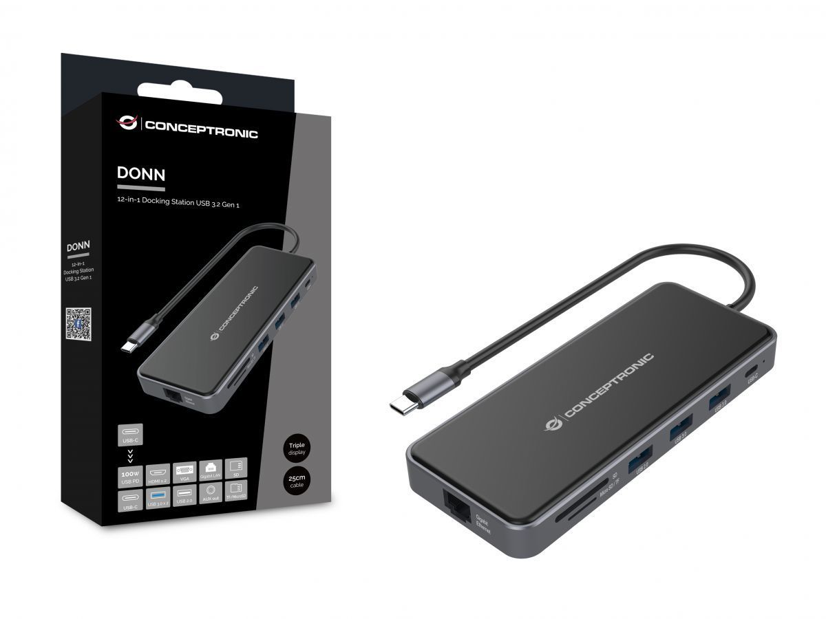 Conceptronic DONN15G 12-in-1 USB 3.2 Gen 1 Docking Station Grey