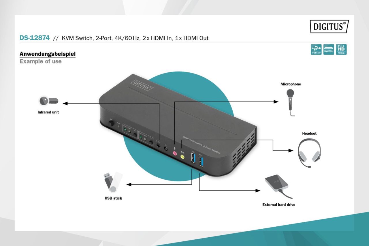 Digitus KVM Switch 2x1 HDMI HDMI Out USB 4Kx2K@60Hz Black Digitus KVM Switch 2x1 HDMI HDMI Out USB 4Kx2K@60Hz Black
