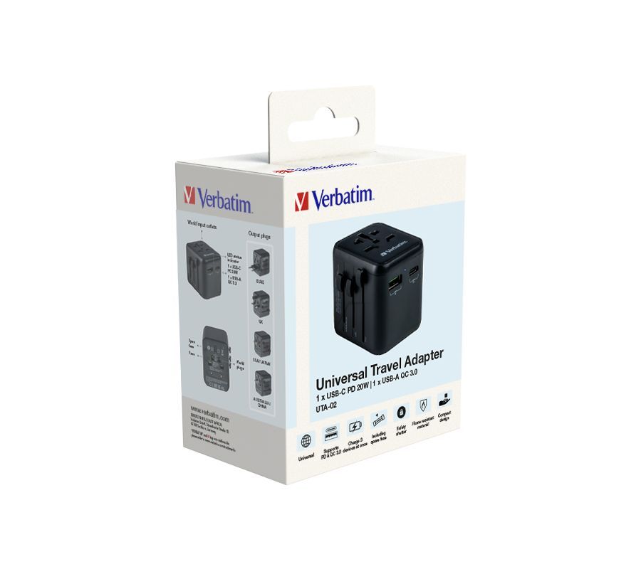 Verbatim Universal Travel Adapter UTA-02 Plug with USB-C PD & USB-A QC ports Verbatim Universal Travel Adapter UTA-02 Plug with USB-C PD & USB-A QC ports