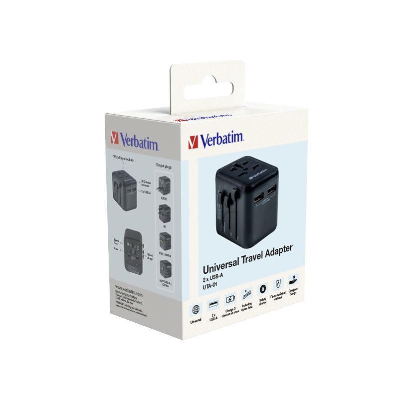 Verbatim Universal Travel Adapter UTA-01 Plug with 2 x USB-A ports Verbatim Universal Travel Adapter UTA-01 Plug with 2 x USB-A ports