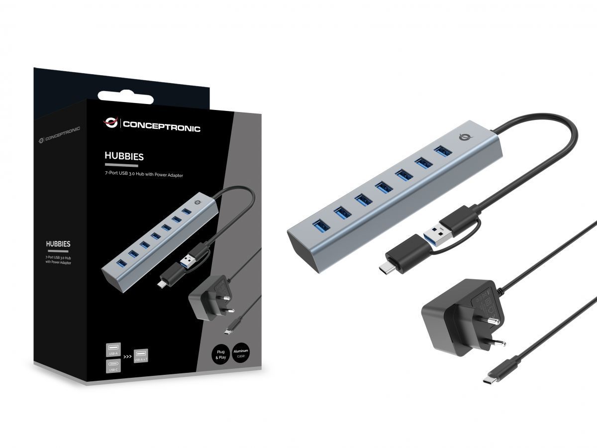 Conceptronic HUBBIES21GP 7-Port USB 3.0 Hub with Power Adapter Grey