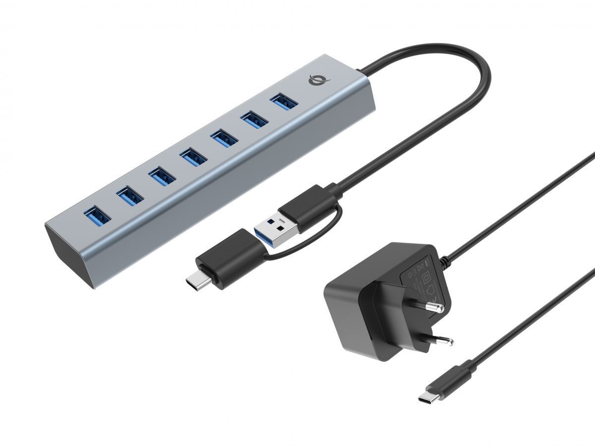 Conceptronic HUBBIES21GP 7-Port USB 3.0 Hub with Power Adapter Grey