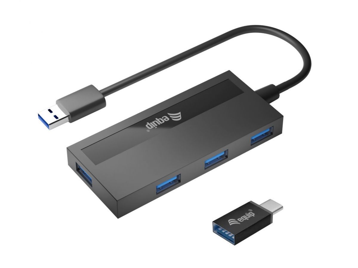 EQuip 4-Port USB 3.2 Gen 1 Hub with USB-C Adapter Black