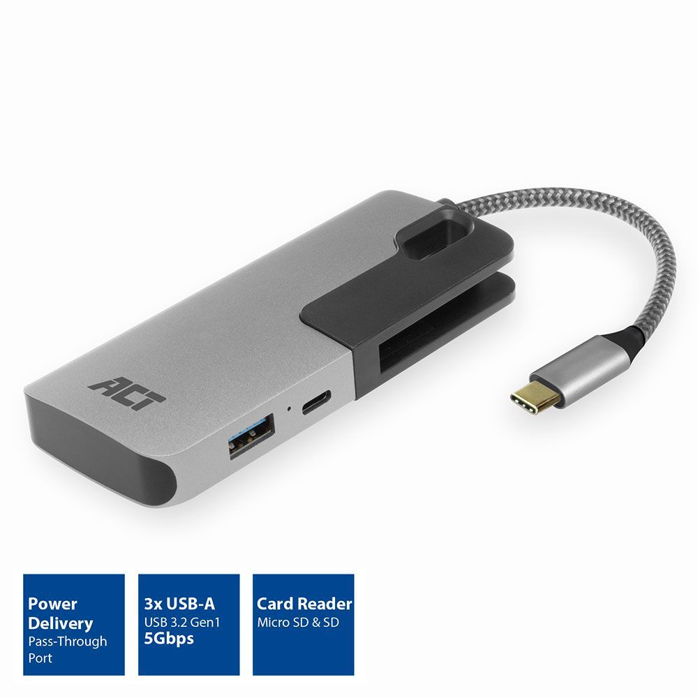 ACT AC7052 USB-C Hub 3 port with CardReader Grey ACT AC7052 USB-C Hub 3 port with CardReader Grey