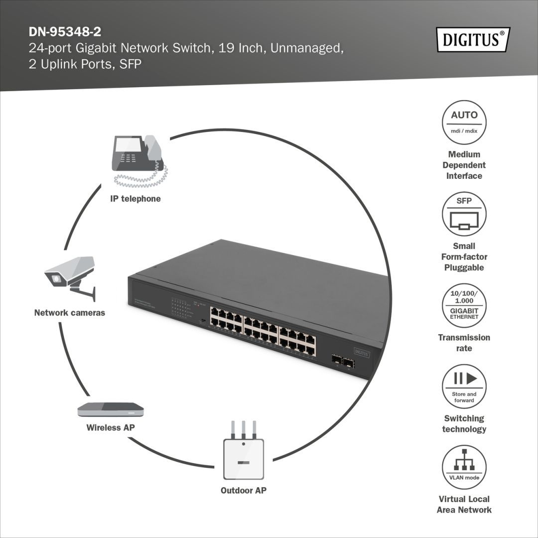 Digitus DN-95348-2 24 Port Gigabit Ethernet PoE Switch Black Digitus DN-95348-2 24 Port Gigabit Ethernet PoE Switch Black