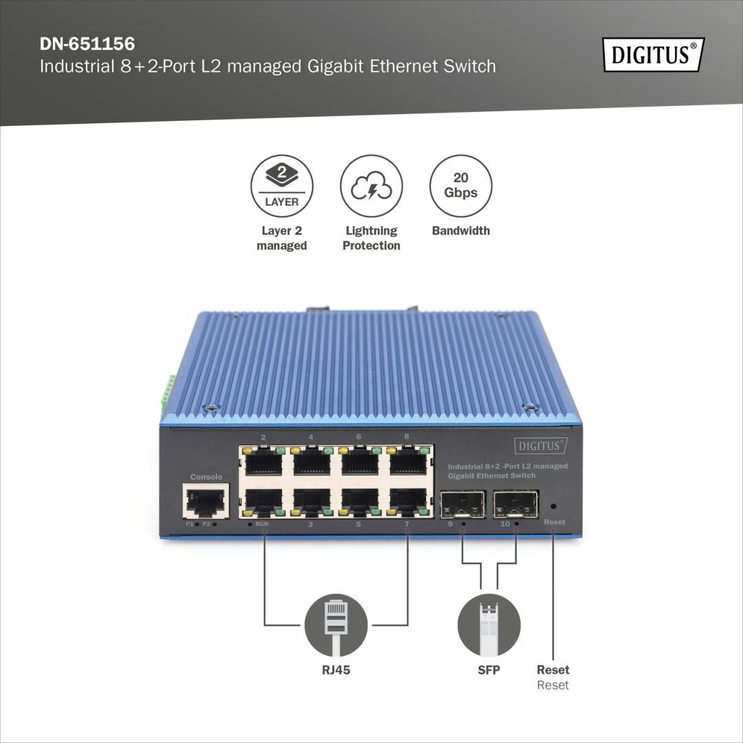 Digitus Industrial 8+2 -Port L2 managed Gigabit Ethernet Switch Digitus Industrial 8+2 -Port L2 managed Gigabit Ethernet Switch