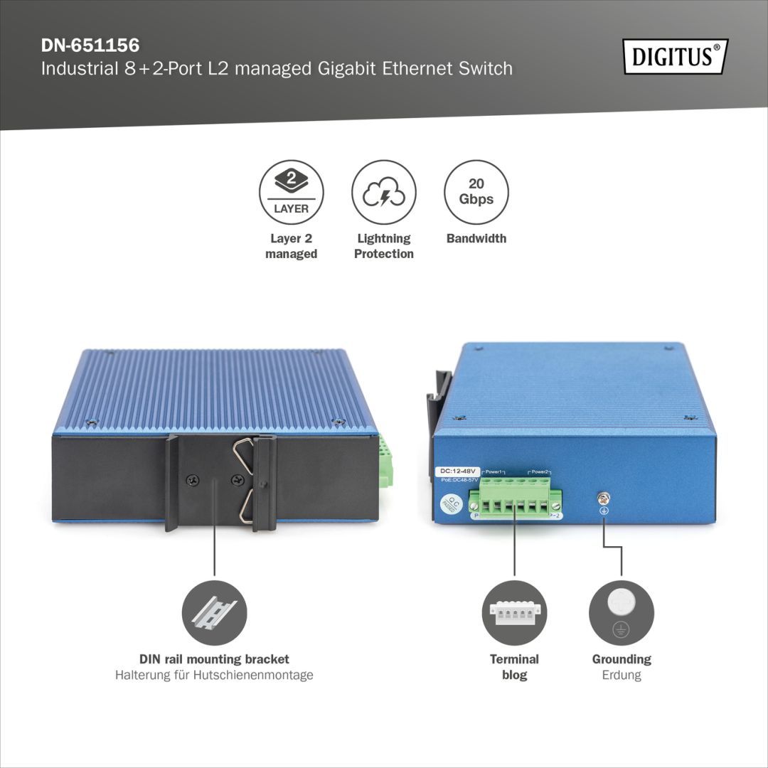 Digitus Industrial 8+2 -Port L2 managed Gigabit Ethernet Switch Digitus Industrial 8+2 -Port L2 managed Gigabit Ethernet Switch