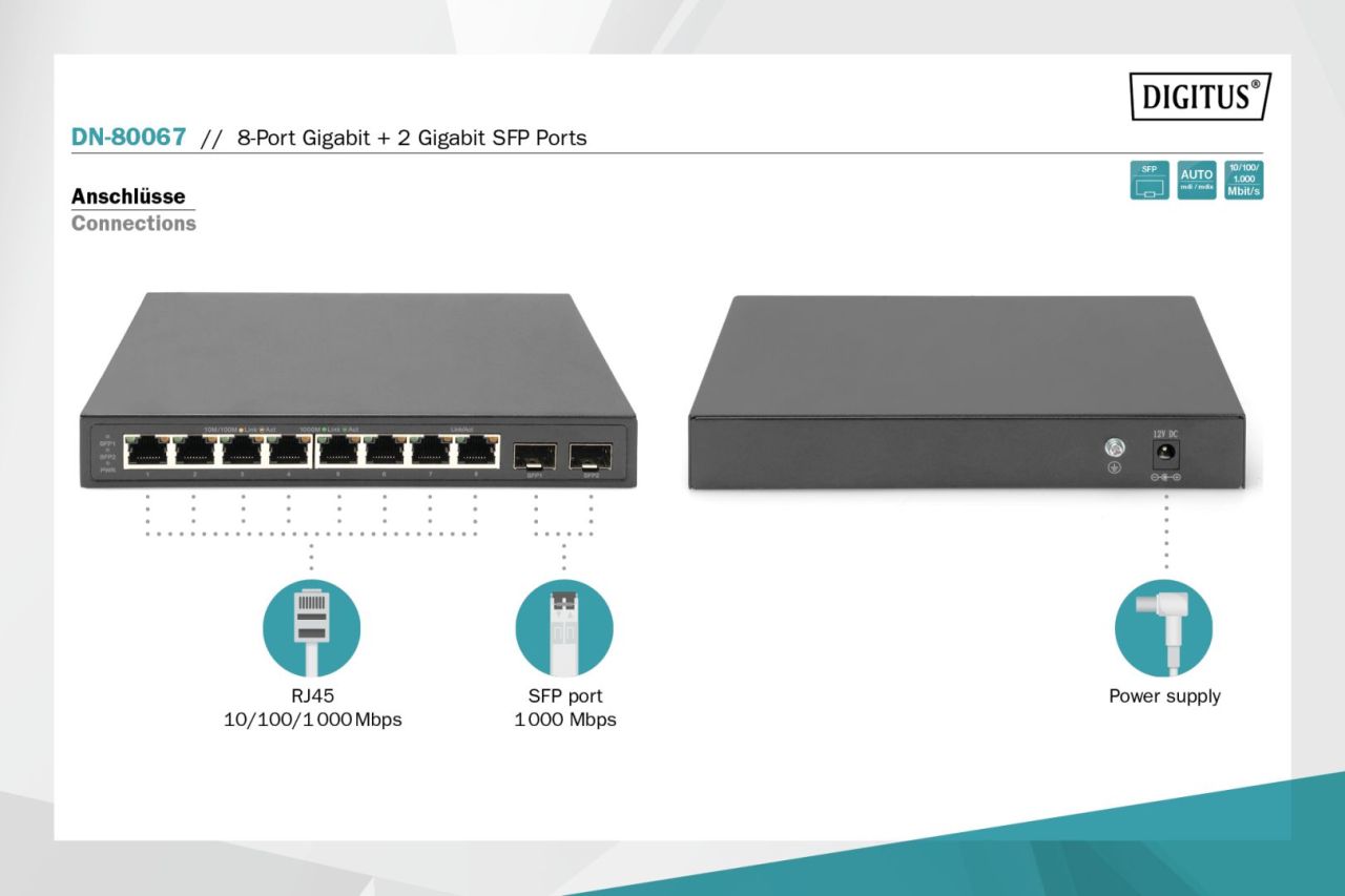 Digitus Digitus 8-Port Gigabit + 2 Gigabit SFP Ethernet Switch Digitus Digitus 8-Port Gigabit + 2 Gigabit SFP Ethernet Switch