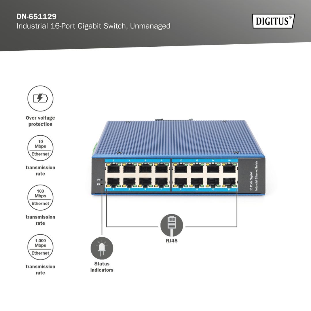 Digitus 16 Port 10/100/1000Mbps Gigabit Ethernet Network Switch Blue Digitus 16 Port 10/100/1000Mbps Gigabit Ethernet Network Switch Blue