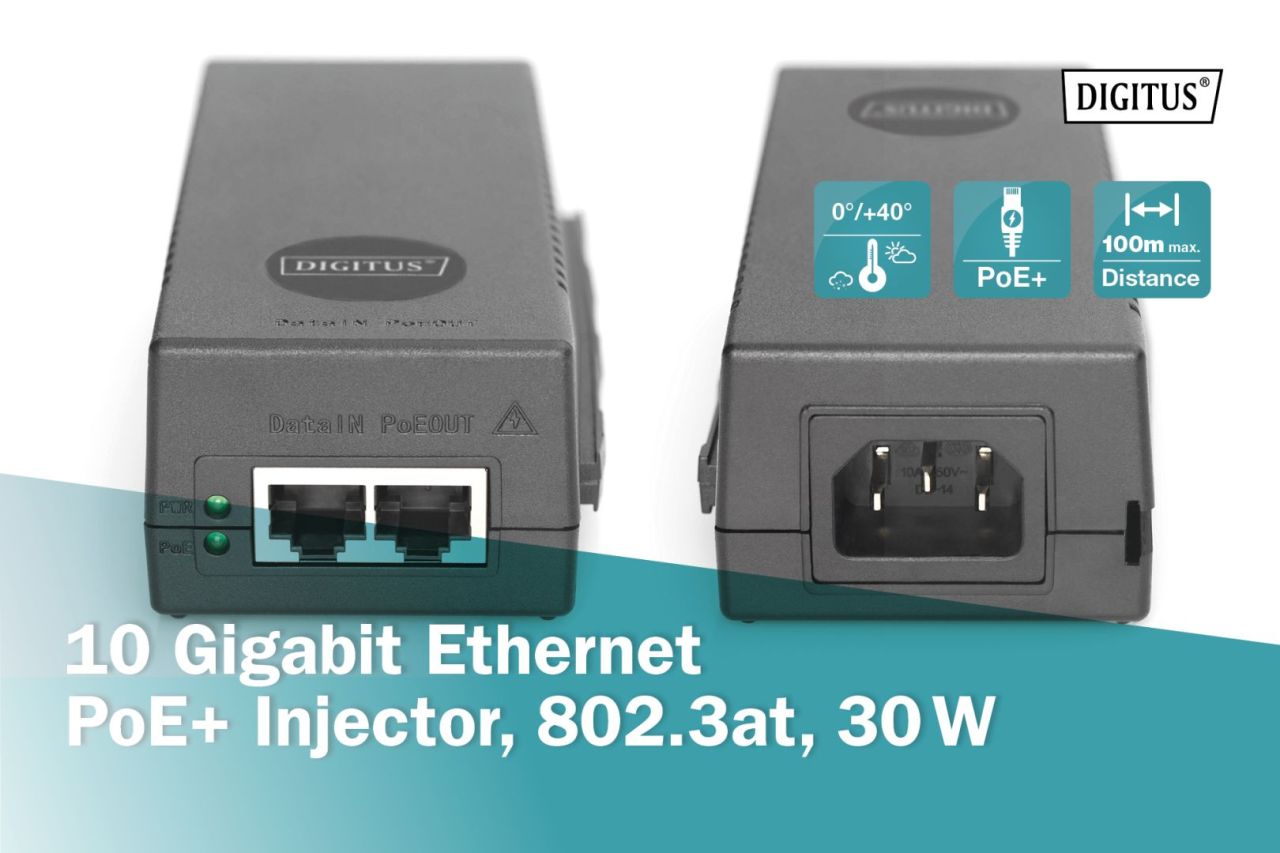 Digitus 10 Gigabit Ethernet PoE+ Injector Black Digitus 10 Gigabit Ethernet PoE+ Injector Black