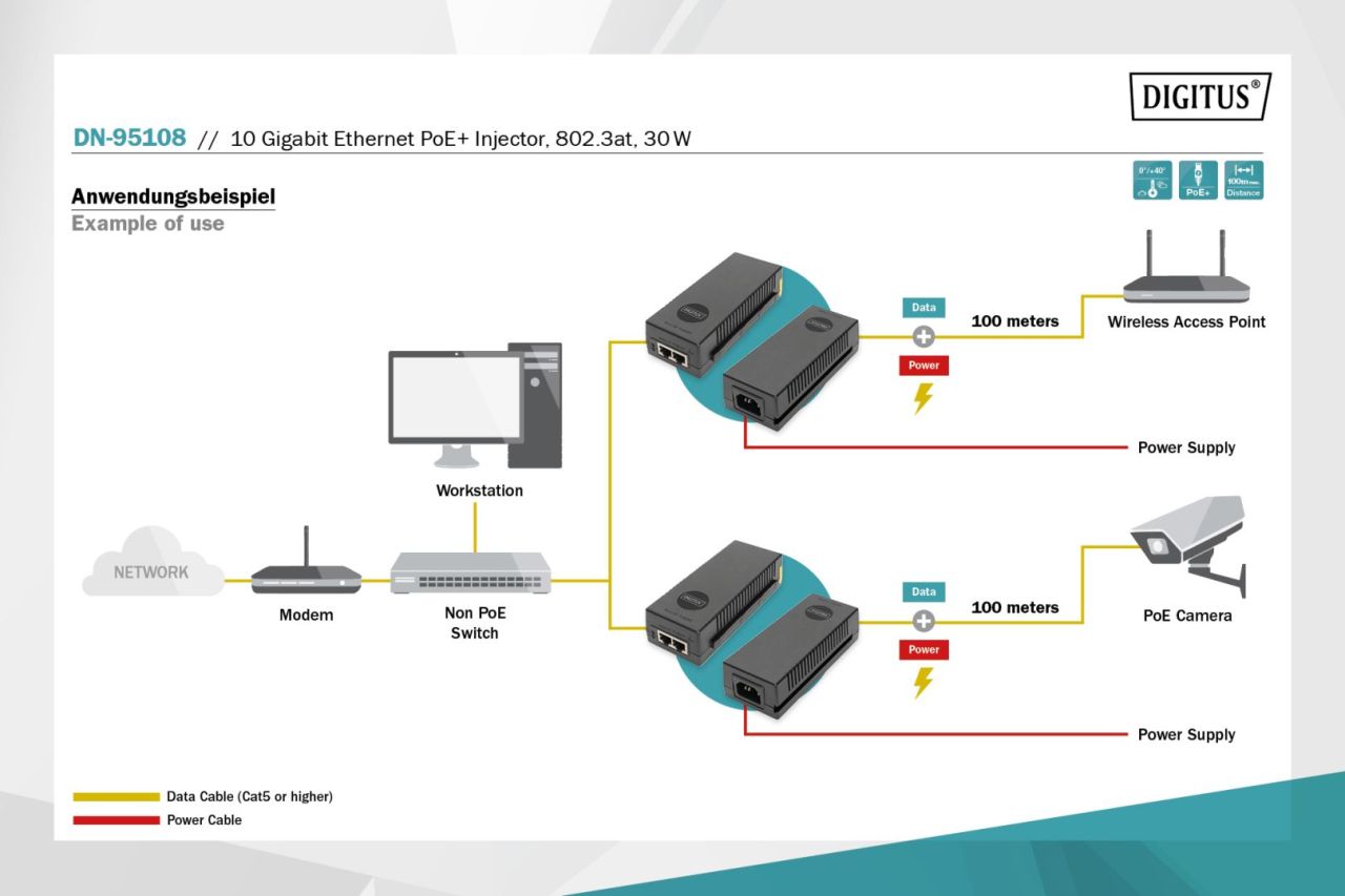 Digitus 10 Gigabit Ethernet PoE+ Injector Black Digitus 10 Gigabit Ethernet PoE+ Injector Black