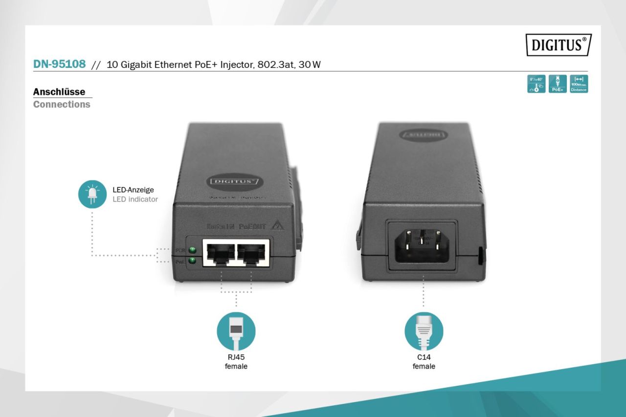Digitus 10 Gigabit Ethernet PoE+ Injector Black Digitus 10 Gigabit Ethernet PoE+ Injector Black