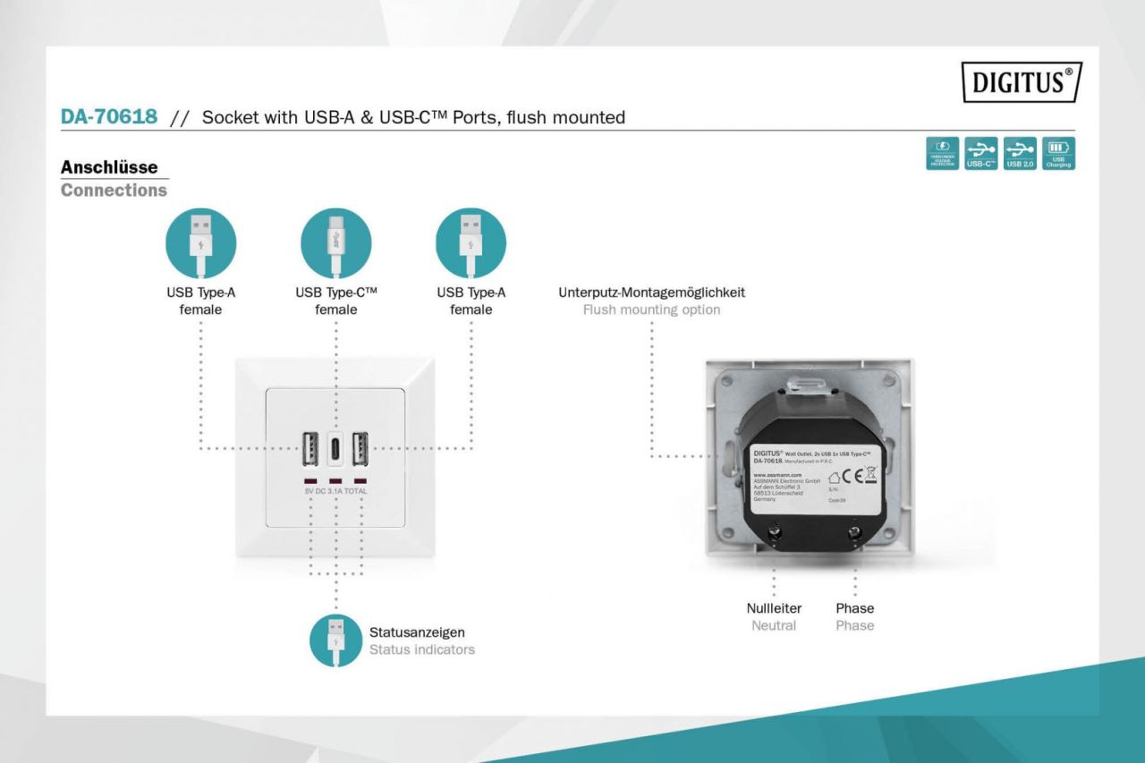 Digitus DA-70618 csatlakozóaljzat 2 x USB A + 1 x USB C White